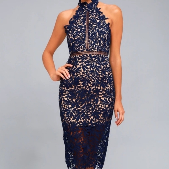 Lulus Divine Destiny Navy Blue Lace Midi Dress Halter Wedding Party M/L - Picture 5 of 10